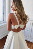 A Line V Neck White Long Wedding Dress with Bow Knot