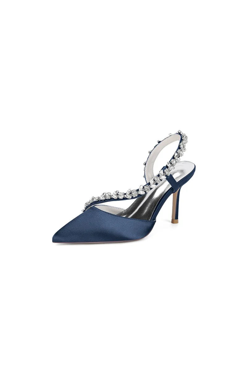 White Satin High Heels with Crystal Embellishments