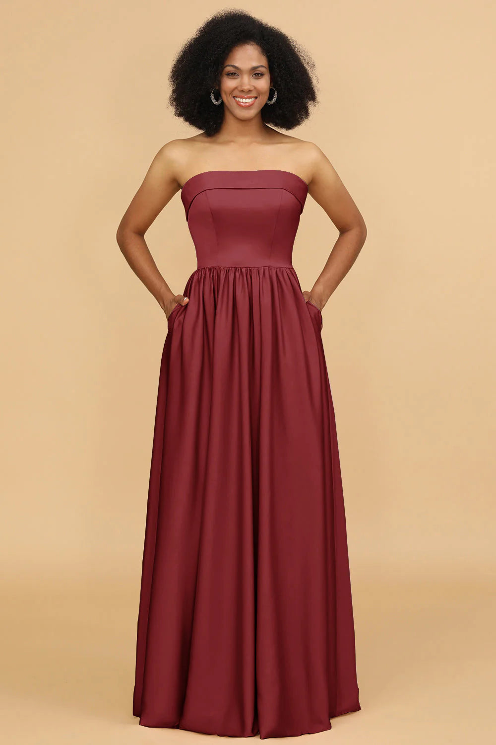 A Line Strapless Satin Floor Length Bridesmaid Dress with Pockets