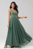 A Line Beaded Eucalyptus Long Bridesmaid Dress