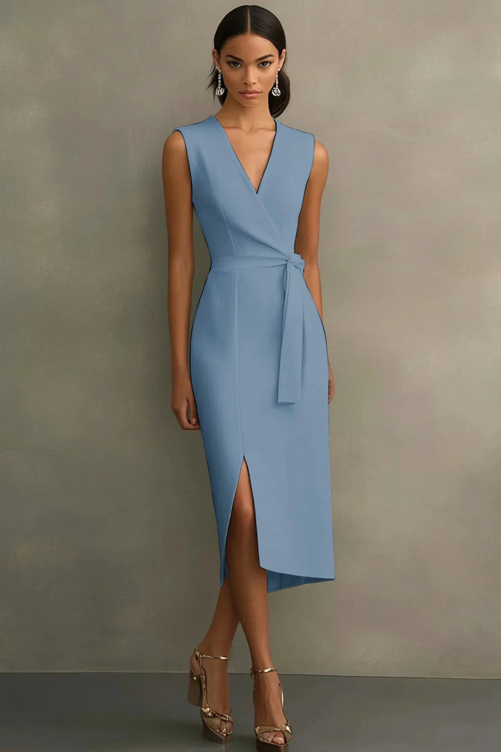 White Satin V Neck Work Dress with Belt