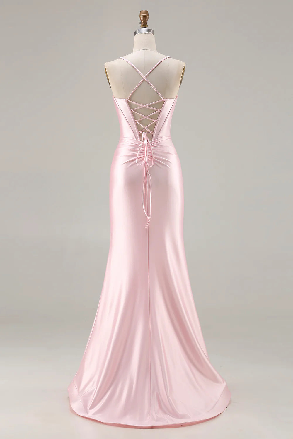 Pink Mermaid Corset Satin Spaghetti Straps Long Prom Dress with Slit