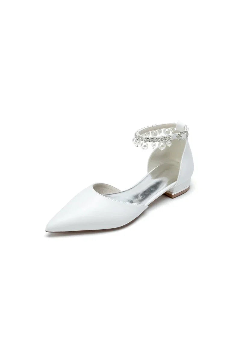 Pointed Toe Ankle Strap Pearl Beaded Low Heels