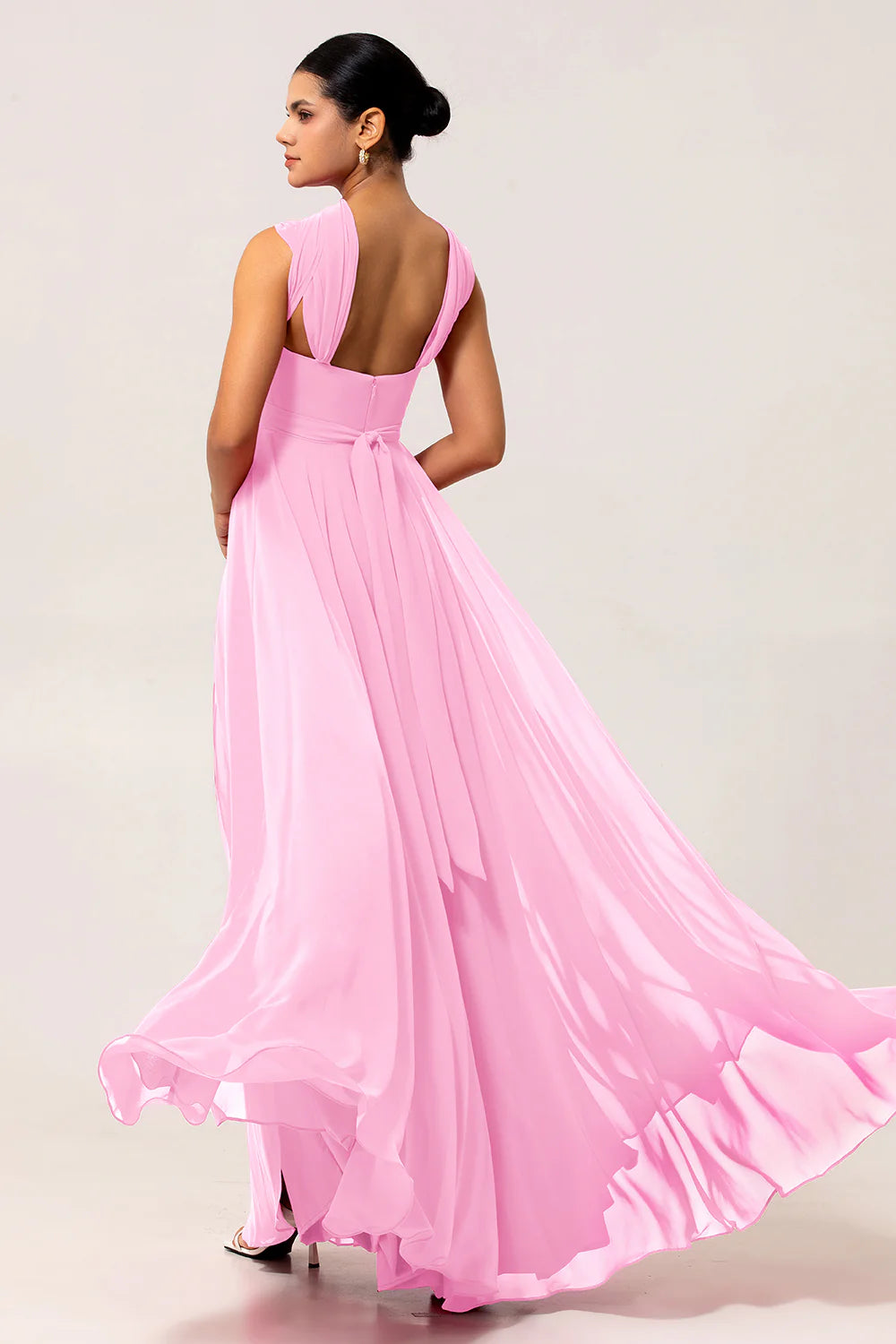 Blush Pink A Line Ruched Backless Convertible Chiffon Long Bridesmaid Dress with Slit