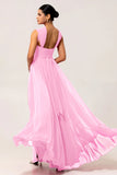 Blush Pink A Line Ruched Backless Convertible Chiffon Long Bridesmaid Dress with Slit