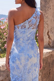 One Shoulder Blue Mermaid Floral Wedding Guest Dress