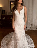 Mermaid V Neck Spaghetti Straps Sweep Train Lace Wedding Dress