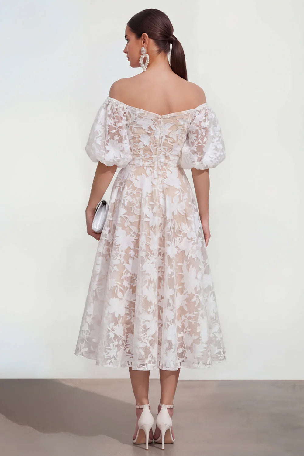 Floral Pink Off the Shoulder A Line Midi Wedding Guest Dress