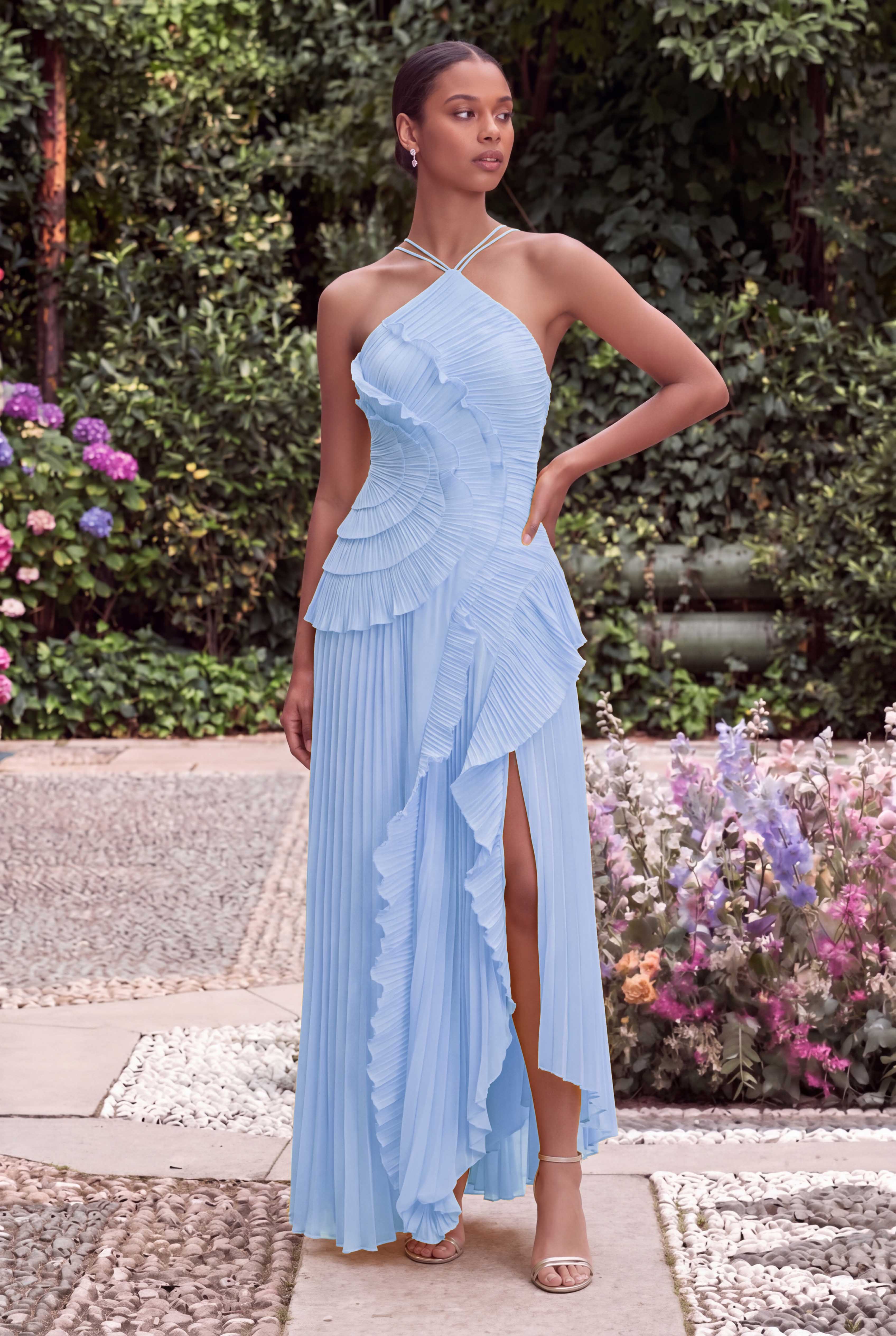 Lilac Halter A Line Pleated Ruffled Bridesmaid Dress with Slit