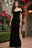 Off The Shoulder Black Sheath Corset Velvet Long Formal Dress with Slit