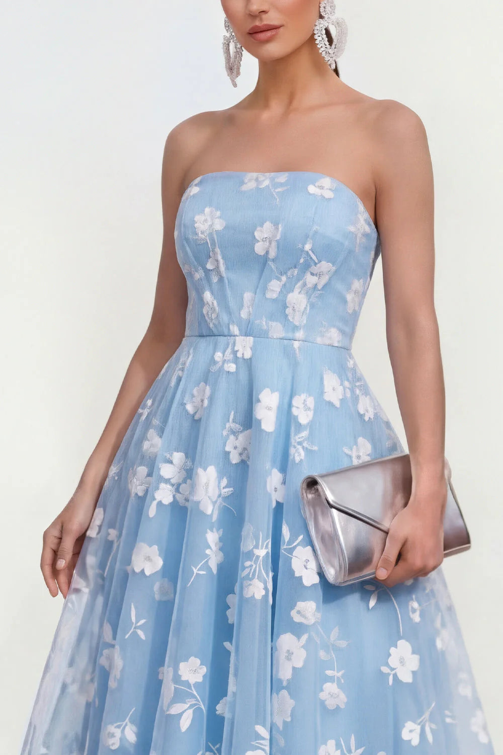 Strapless Floral Blue A Line Wedding Guest Dress