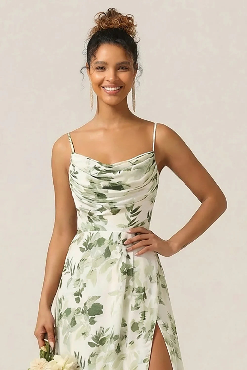 Blue Flower A Line Spaghetti Straps Chiffon Long Bridesmaid Dress with Slit