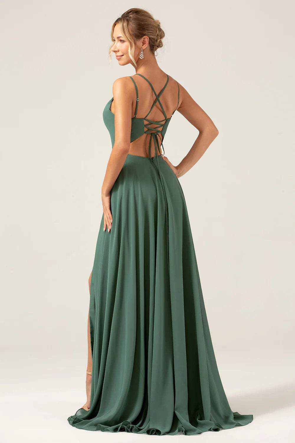 A Line Spaghetti Straps Pleated Chiffon Eucalyptus Bridesmaid Dress With Slit