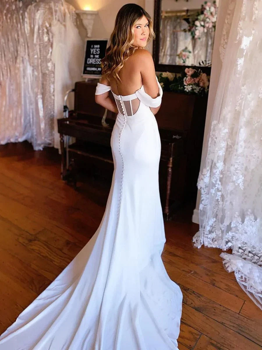 Simple White Mermaid Off the Shoulder Boho Wedding Dress