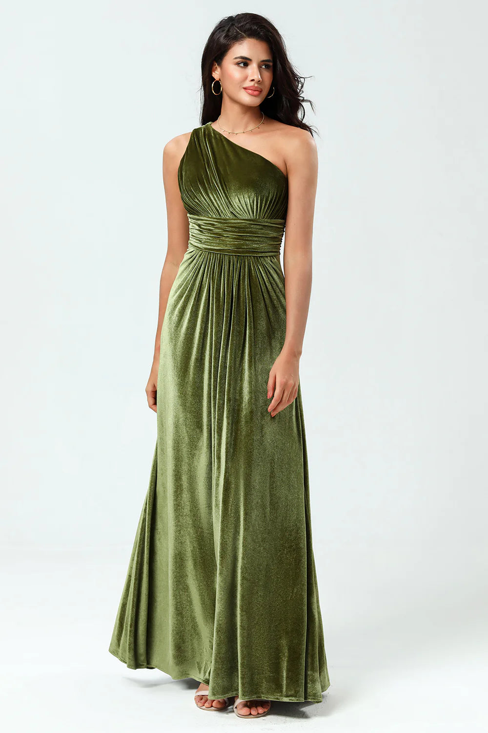 A Line One Shoulder Ruched Velvet Floor Length Dress