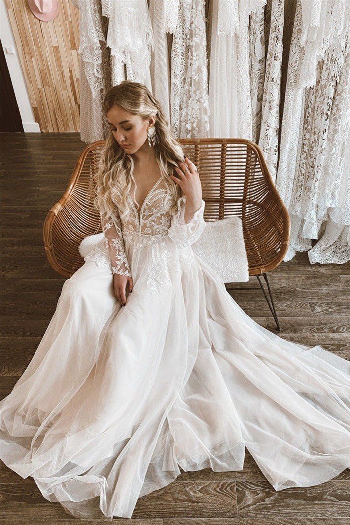 A Line Lace Top Flare Sleeves Open Back Wedding Dress