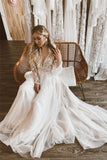 A Line Lace Top Flare Sleeves Open Back Wedding Dress