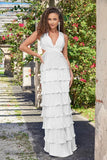 Saylor Pleated Satin Ruffle Maxi Dress White