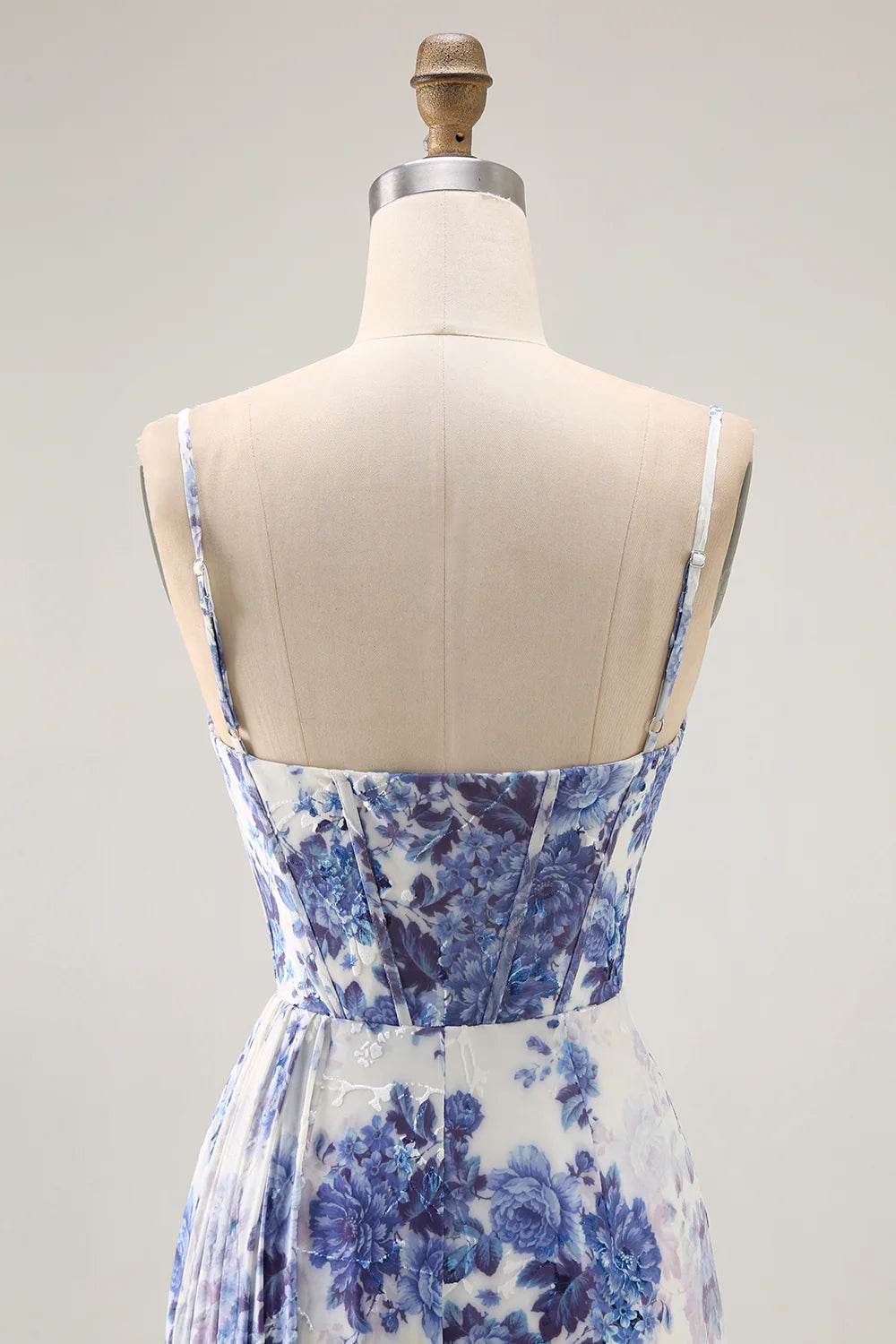 Blue Sheath Corset Floral Burnout Streamer Long Bridesmaid Dress with Slit