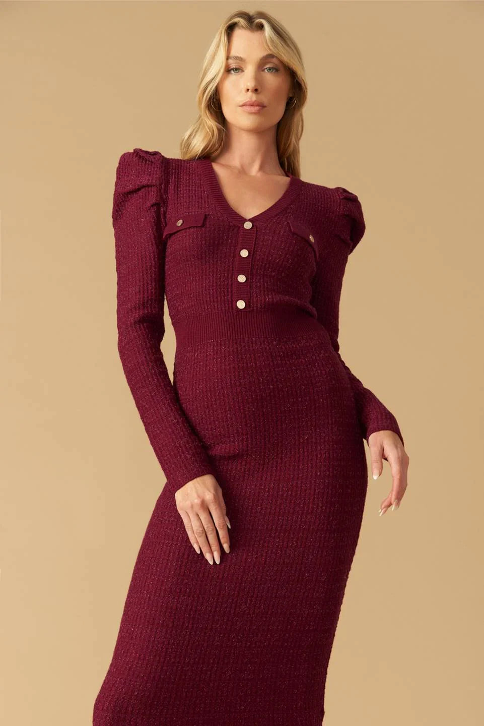 Size Small YOUNG LOVE BURGUNDY PUFF SLEEVE SWEATER DRESS FINAL SALE