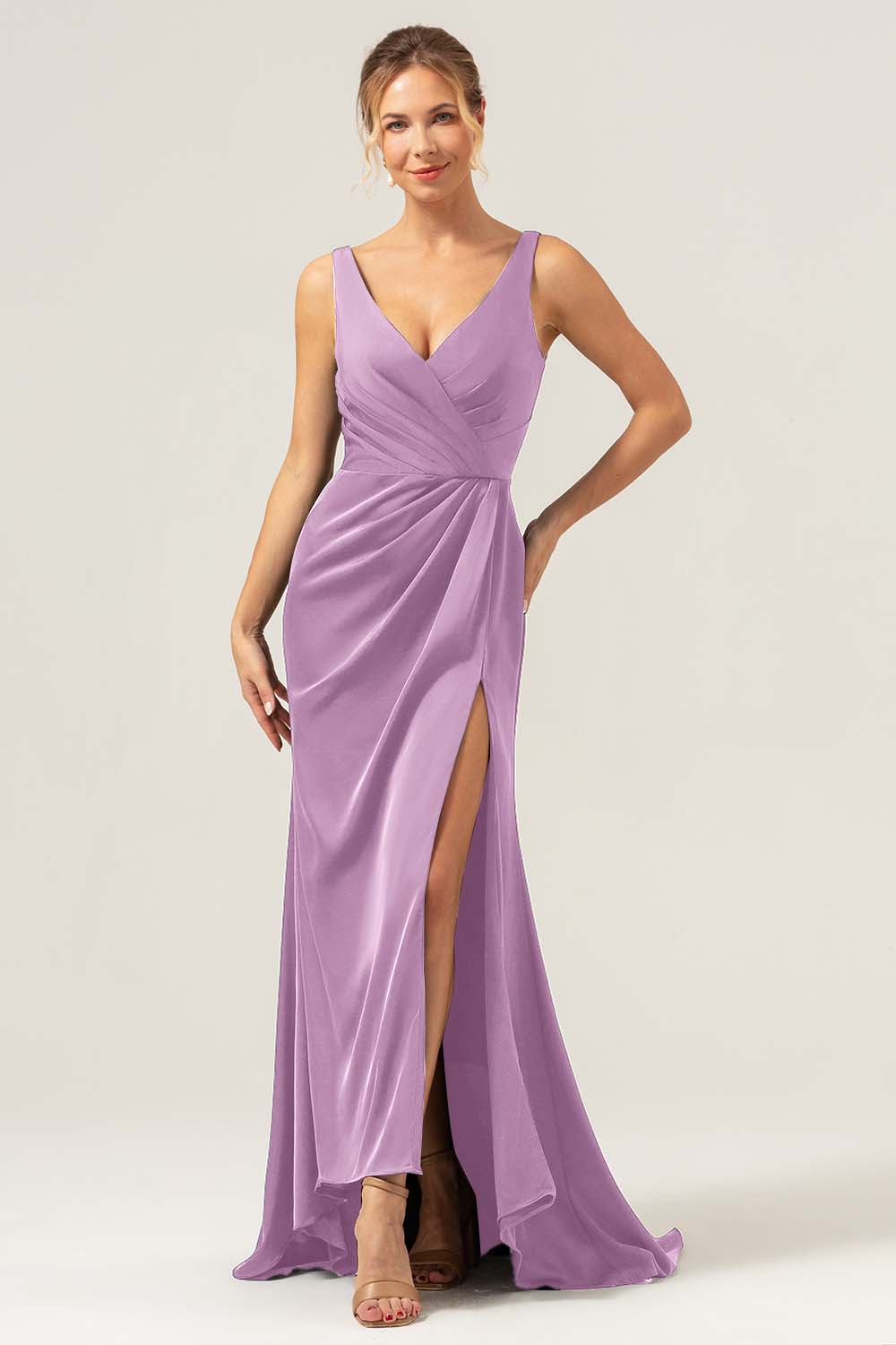Burgundy Mermaid V Neck Ruched High Low Long Satin Bridesmaid Dress with Slit