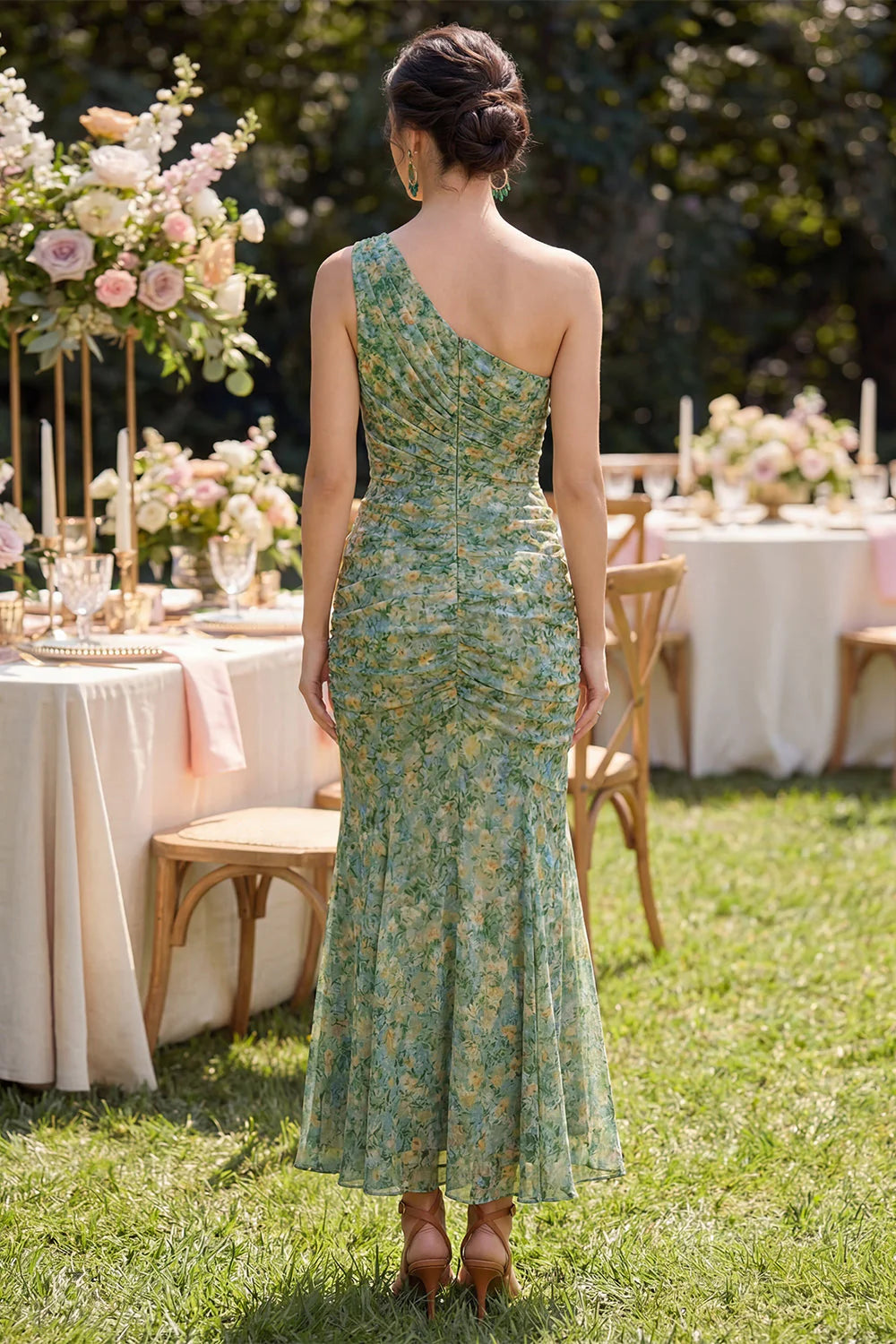 One Shoulder Dusty Green Floral Mermaid Wedding Guest Dress