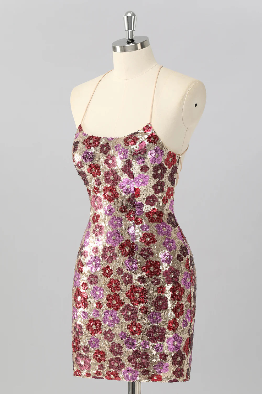 Yellow Flower Bodycon Sequins Spaghetti Straps Homecoming Dress with Lace Up Back
