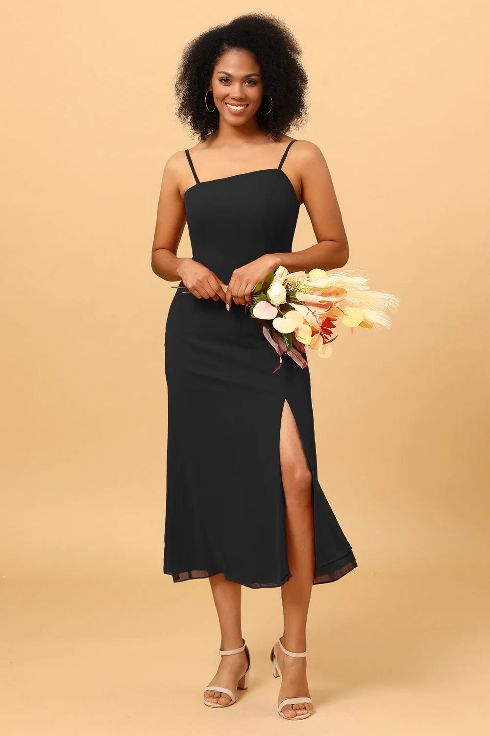 Sheath Spaghetti Straps Midi Chiffon Bridesmaid Dress with Slit