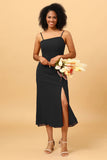 Sheath Spaghetti Straps Midi Chiffon Bridesmaid Dress with Slit
