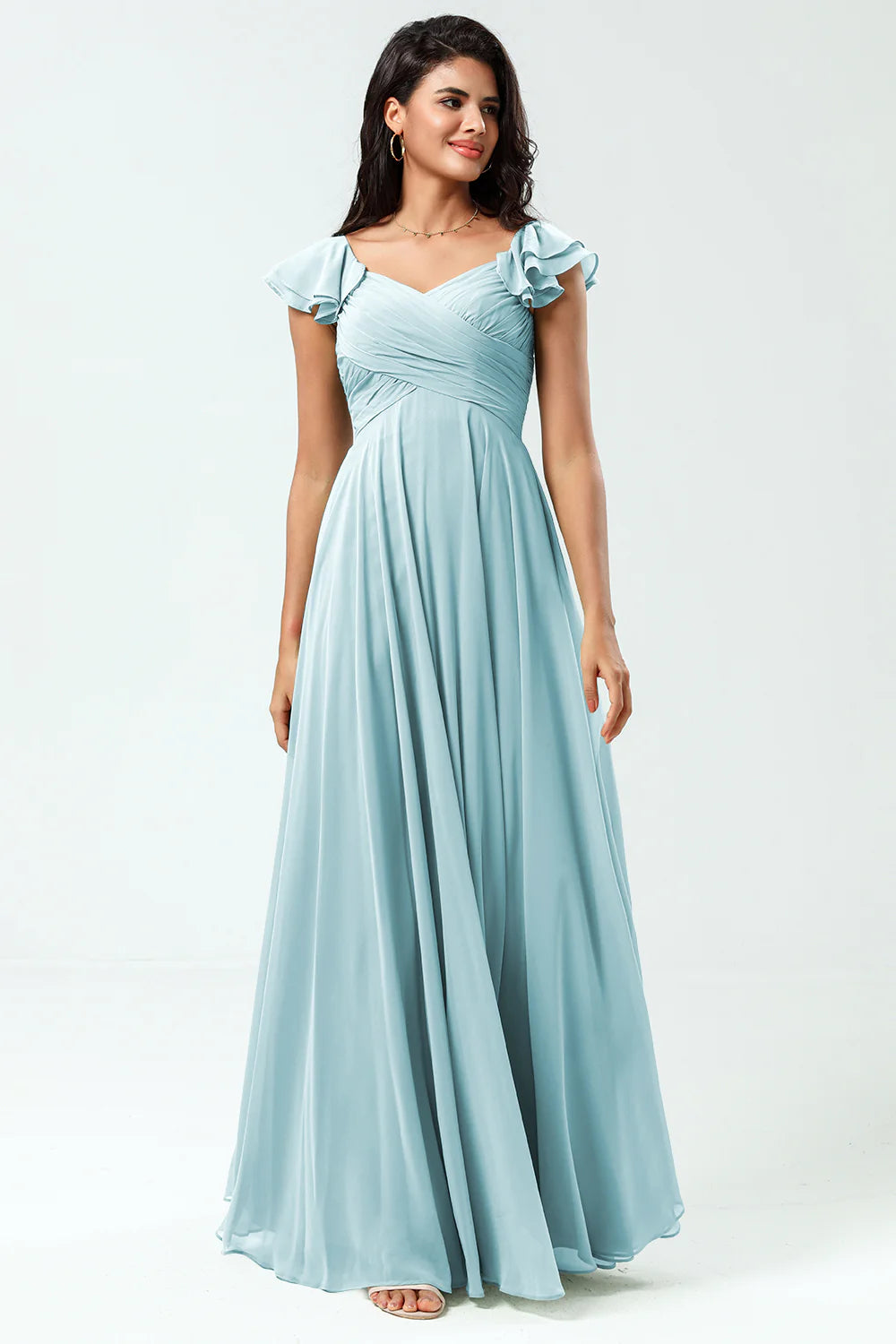 Lace Up Back Cross A Line Chiffon Bridesmaid Dress with Ruffles