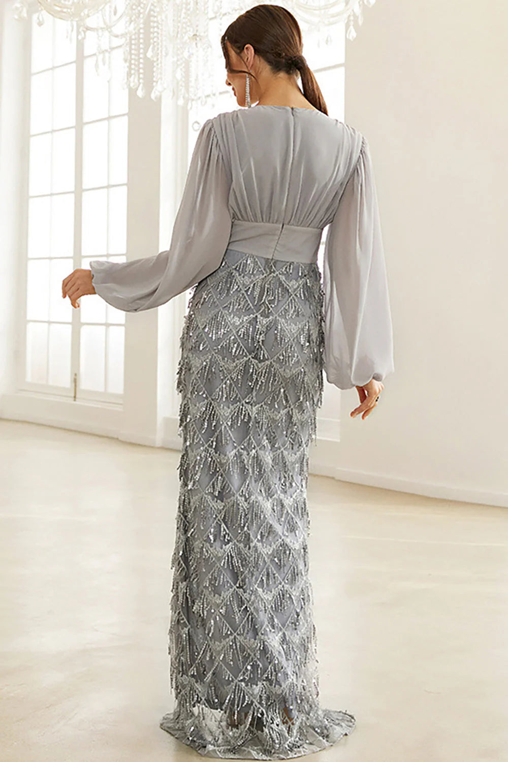 Blue Bodycon Fringed Floor Length Formal Dress with Long Sleeves