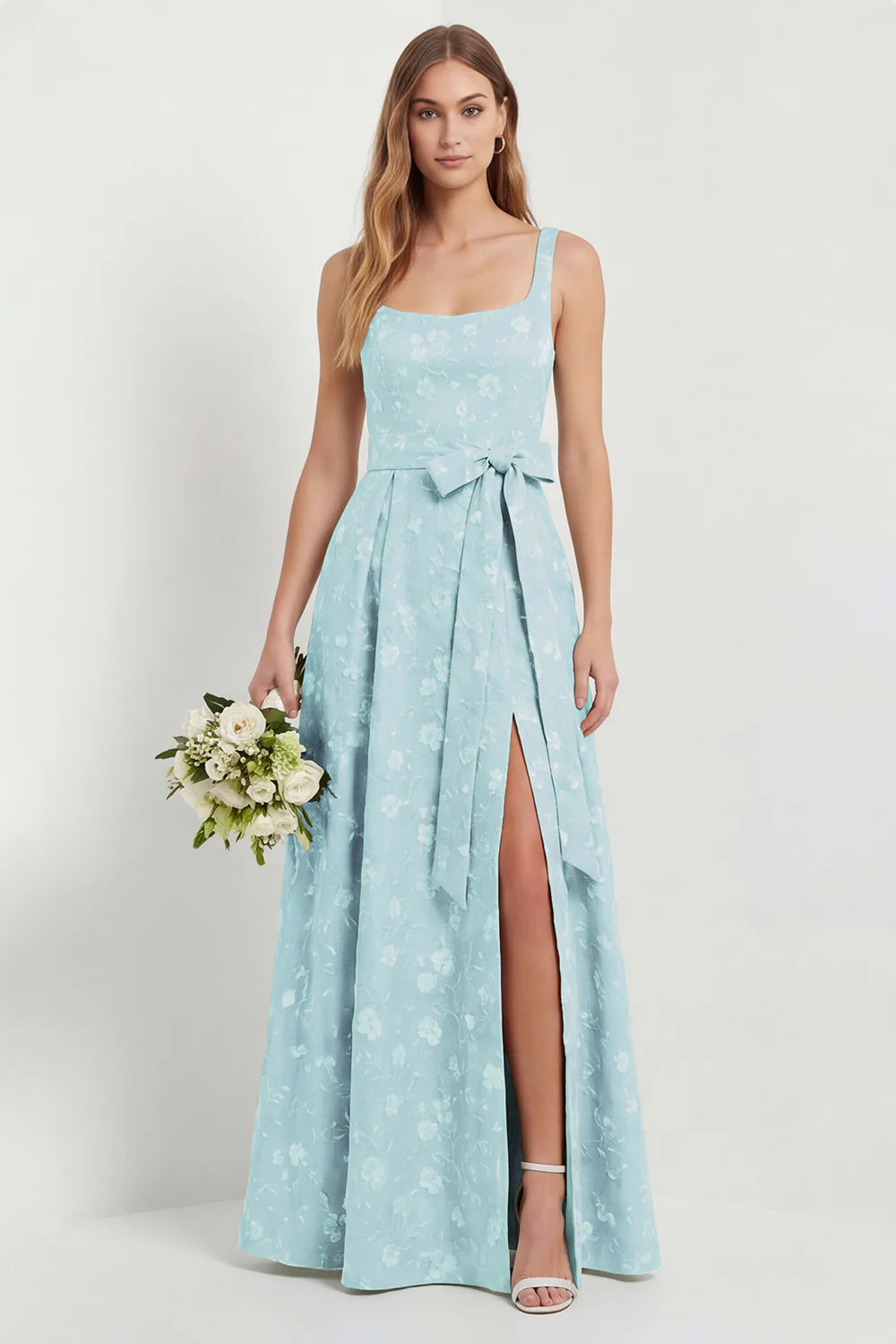 Sage A Line Square Neck Floral Jacquard Bridesmaid Dress with Slit