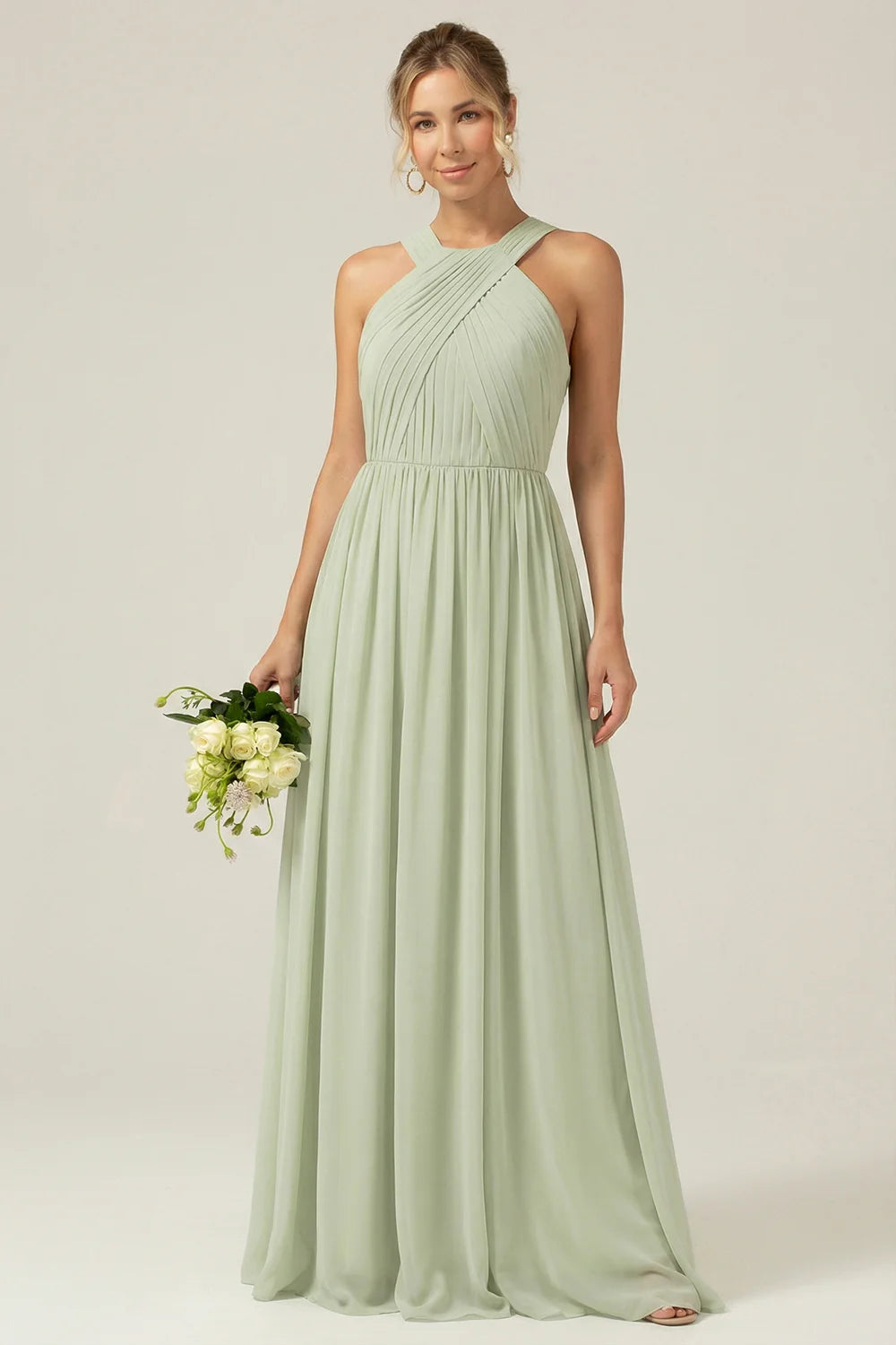 Dusty Sage A Line Halter Chiffon Long Bridesmaid Dress
