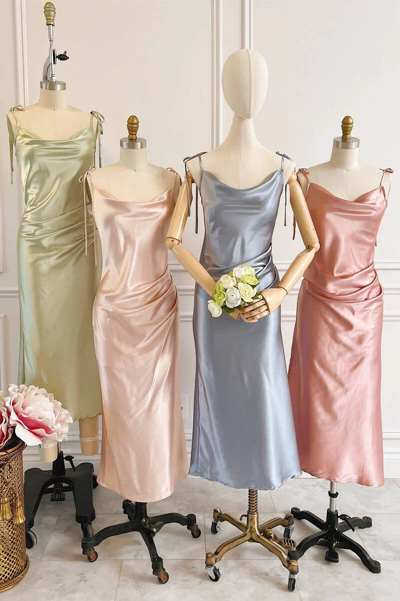 Sheath Champagne Long Bridesmaid Dress With Tie Shoulder