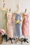 Sheath Champagne Long Bridesmaid Dress With Tie Shoulder