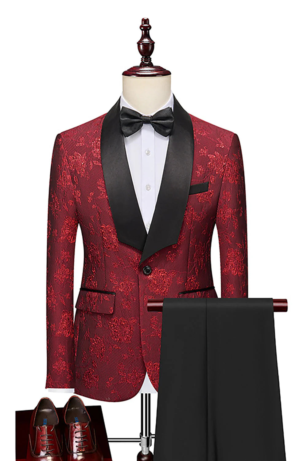 Mens Pink Silm Fit Shawl Lapel Jacquard 2 Pieces Wedding Suits