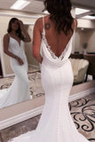 Unique Mermaid V Neck Satin Wedding Dress with Appliques