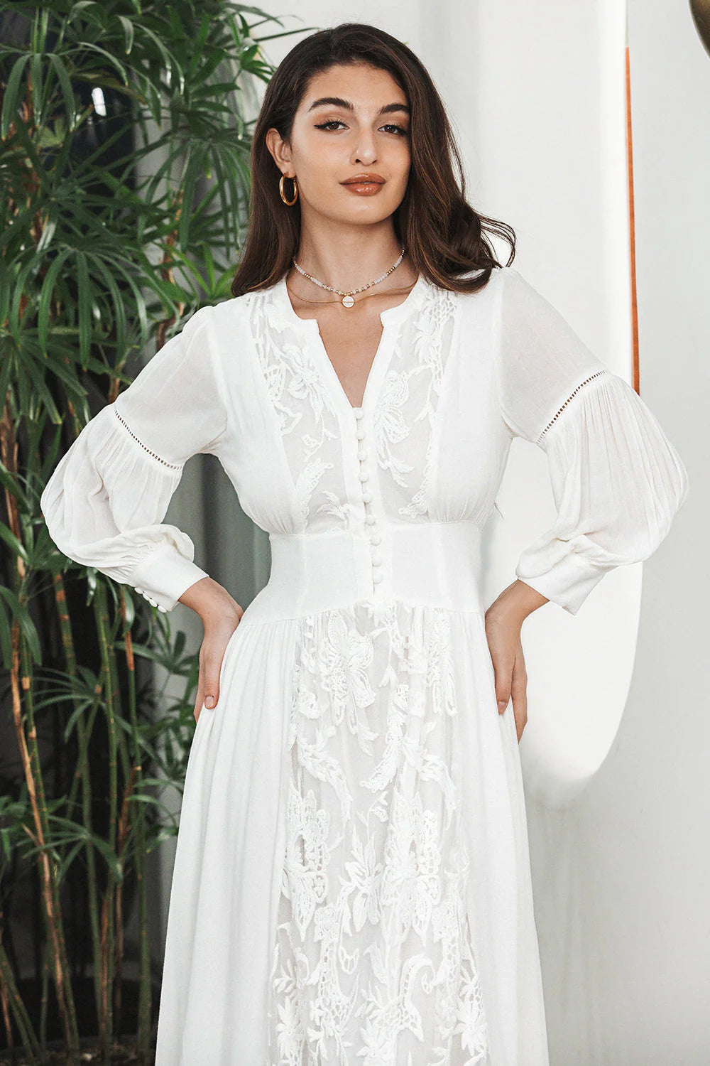 Classy A Line Long Sleeves Boho White Graduation Dress with Lace