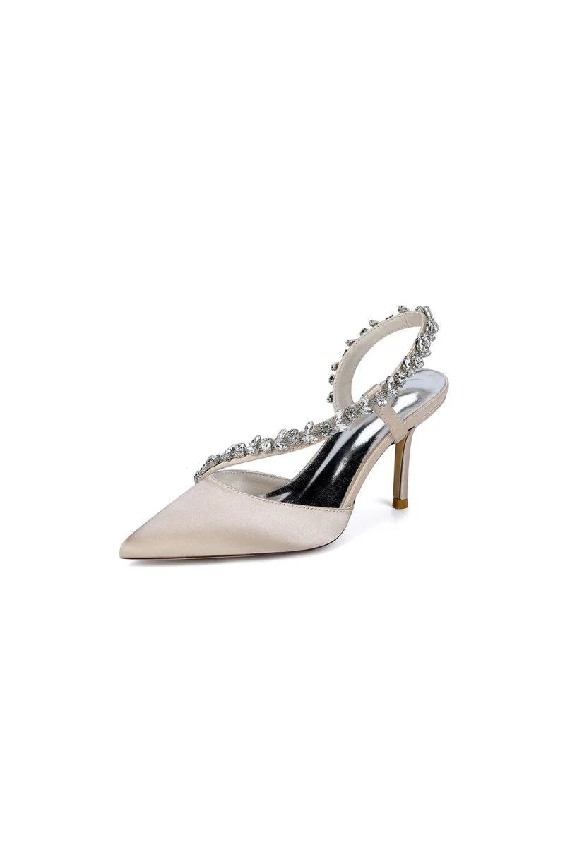 White Satin High Heels with Crystal Embellishments