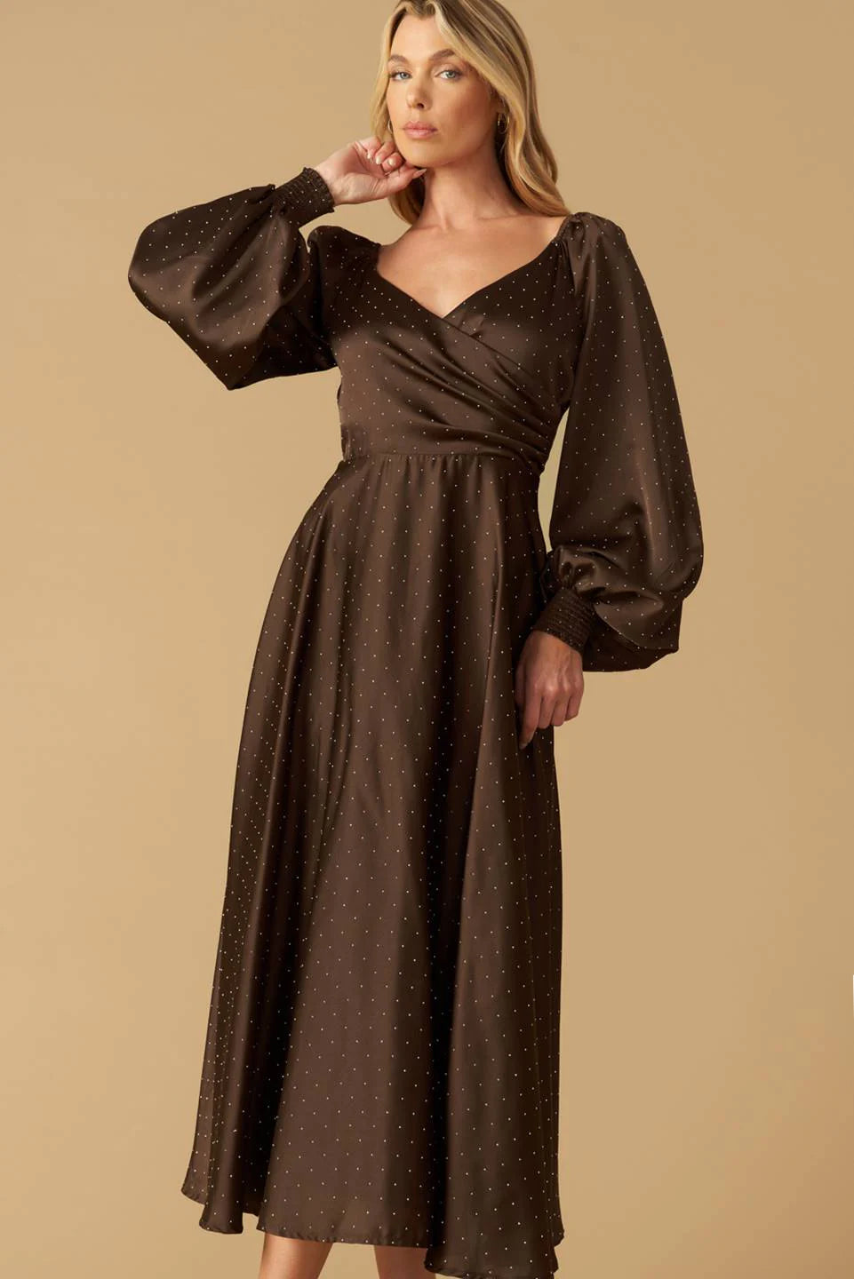 ROMANTIC LOVE BROWN LONG SLEEVE MIDI DRESS