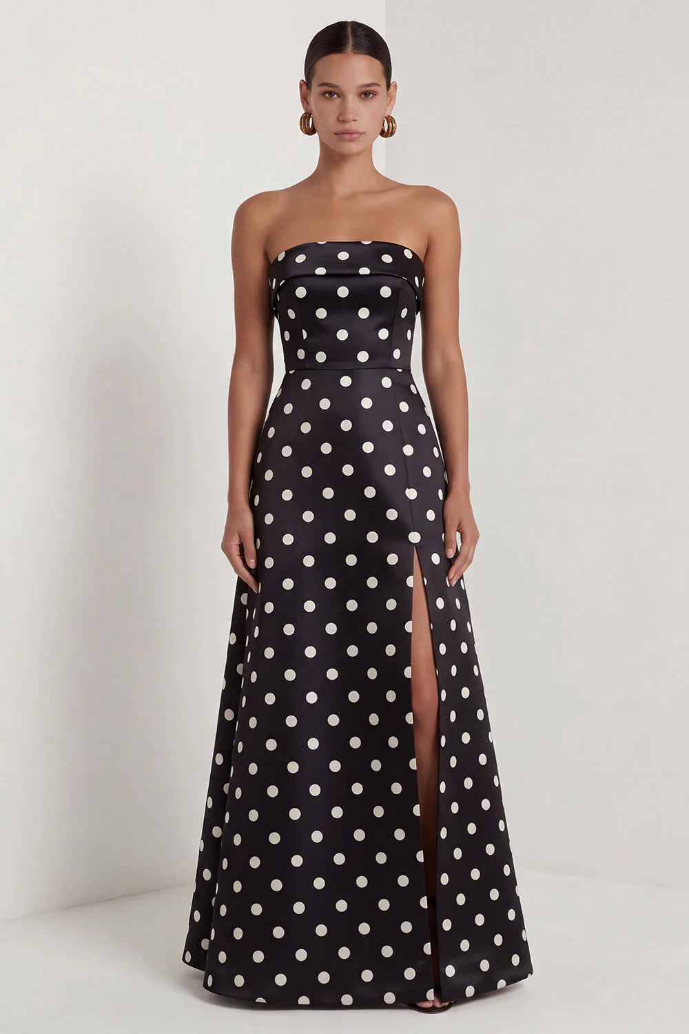 Strapless Black White A Line Polka Dot Long Formal Dress with Slit