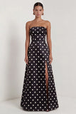 Strapless Black White A Line Polka Dot Long Formal Dress with Slit