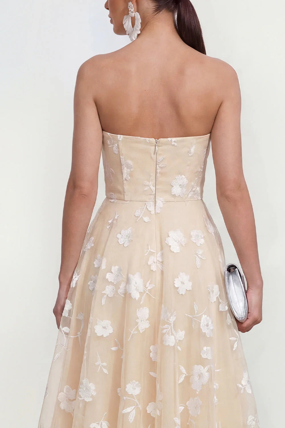 Strapless Floral Blue A Line Wedding Guest Dress