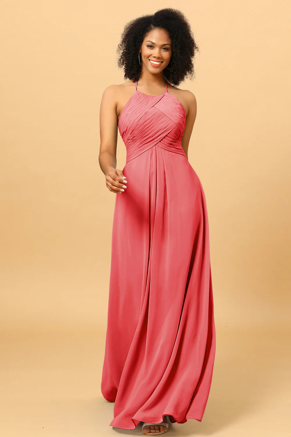 Sheath Halter Open Back Long Chiffon Bridesmaid Dress