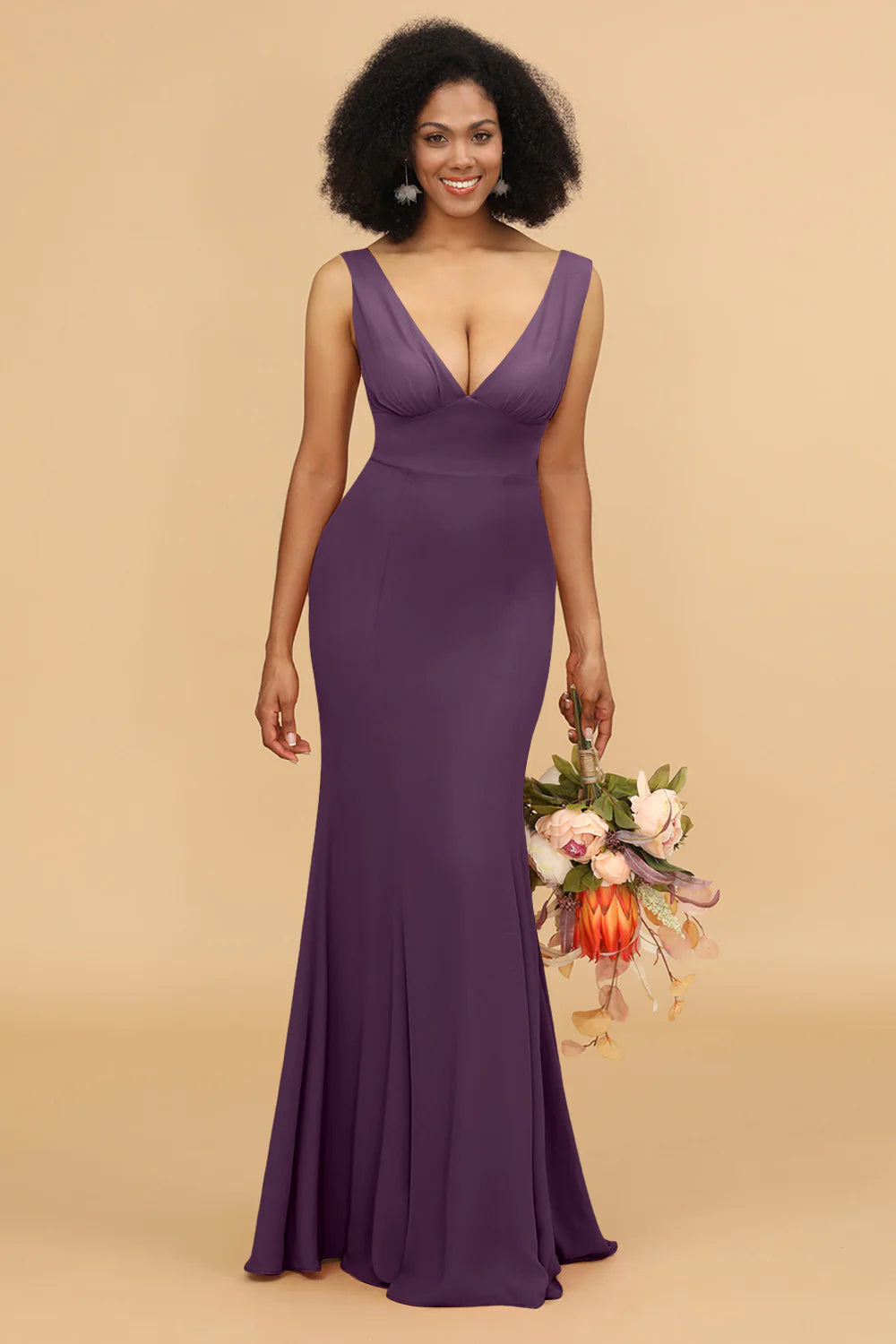 Mermaid V neck Open Back Long Chiffon Bridesmaid Dress With Ruffles