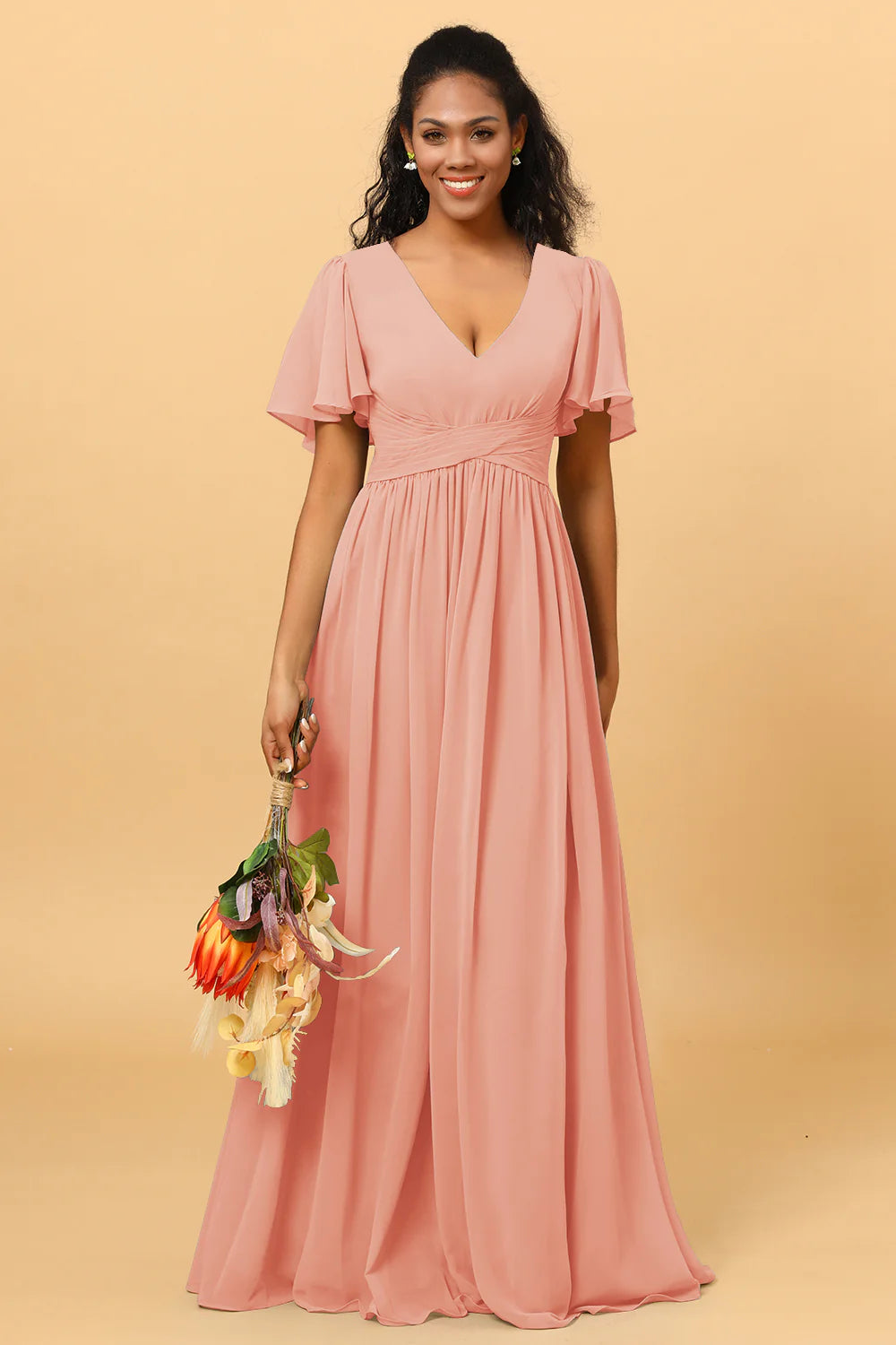 A Line V Neck Short Sleeves Chiffon Long Bridesmaid Dress