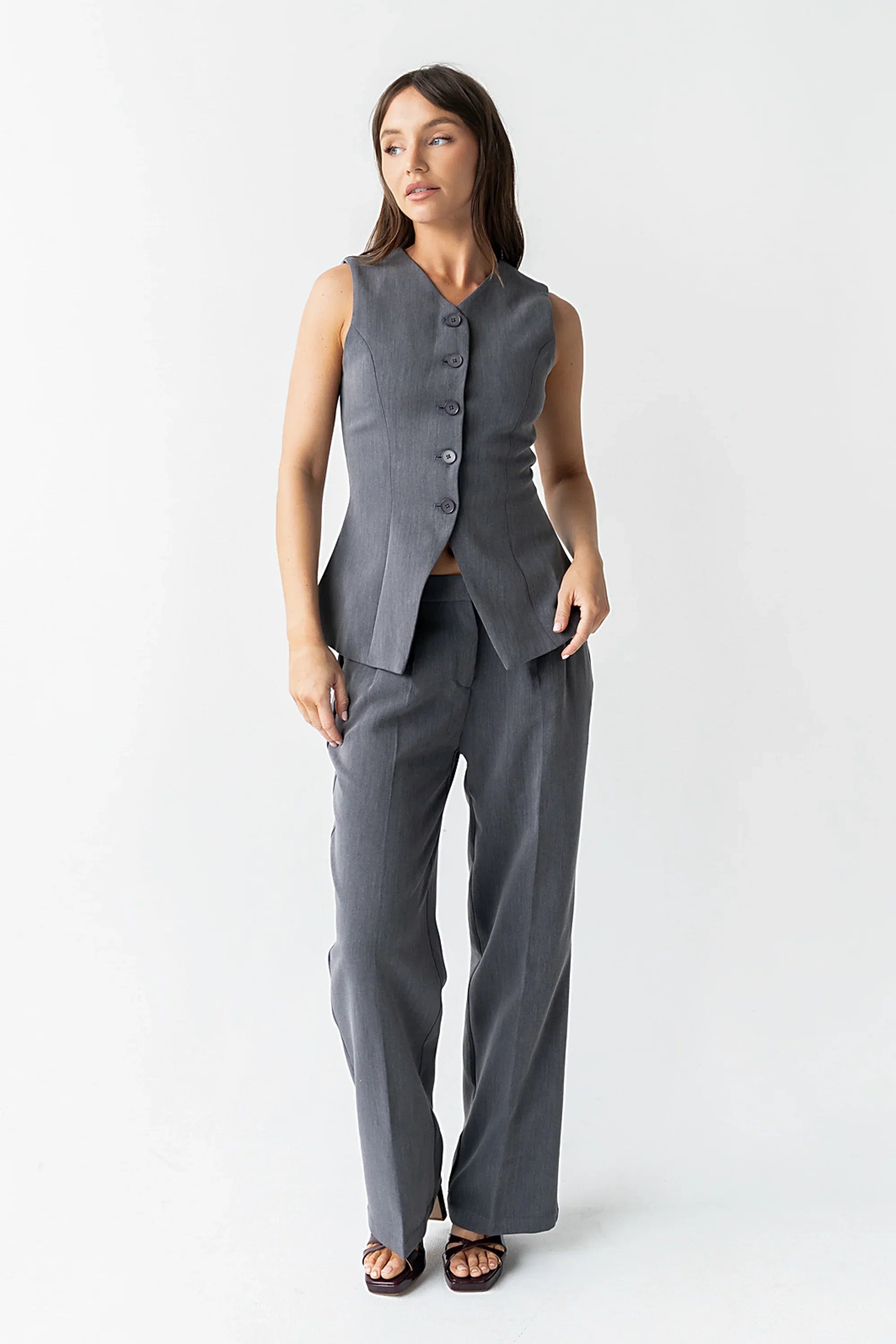 Carrie Button Up Vest in Charcoal