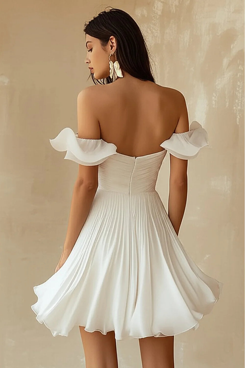 Off the Shoulder Ruffled White A Line Graduation Dress