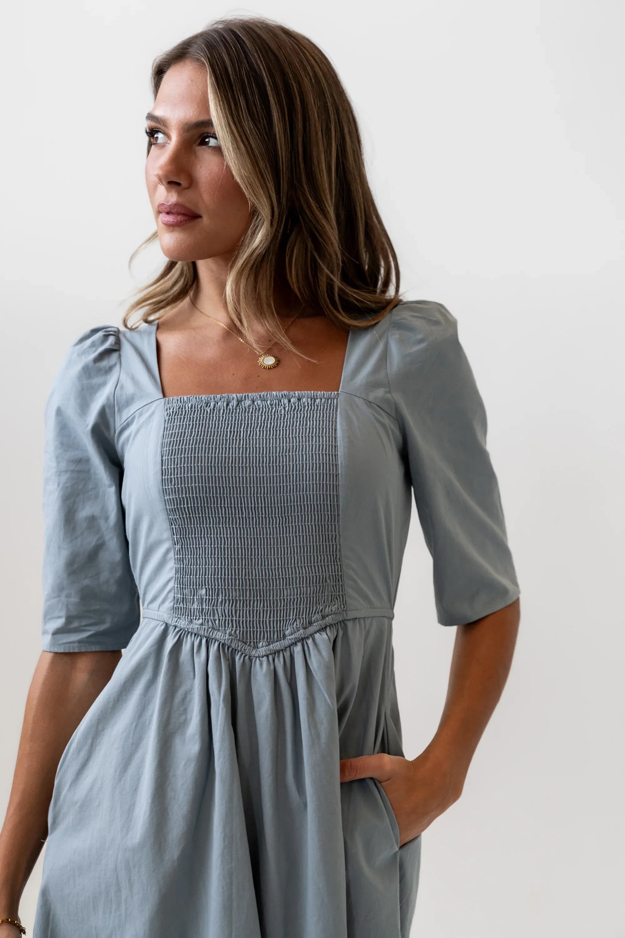 Paisley Smocked Midi Dress in Slate Blue FINAL SALE