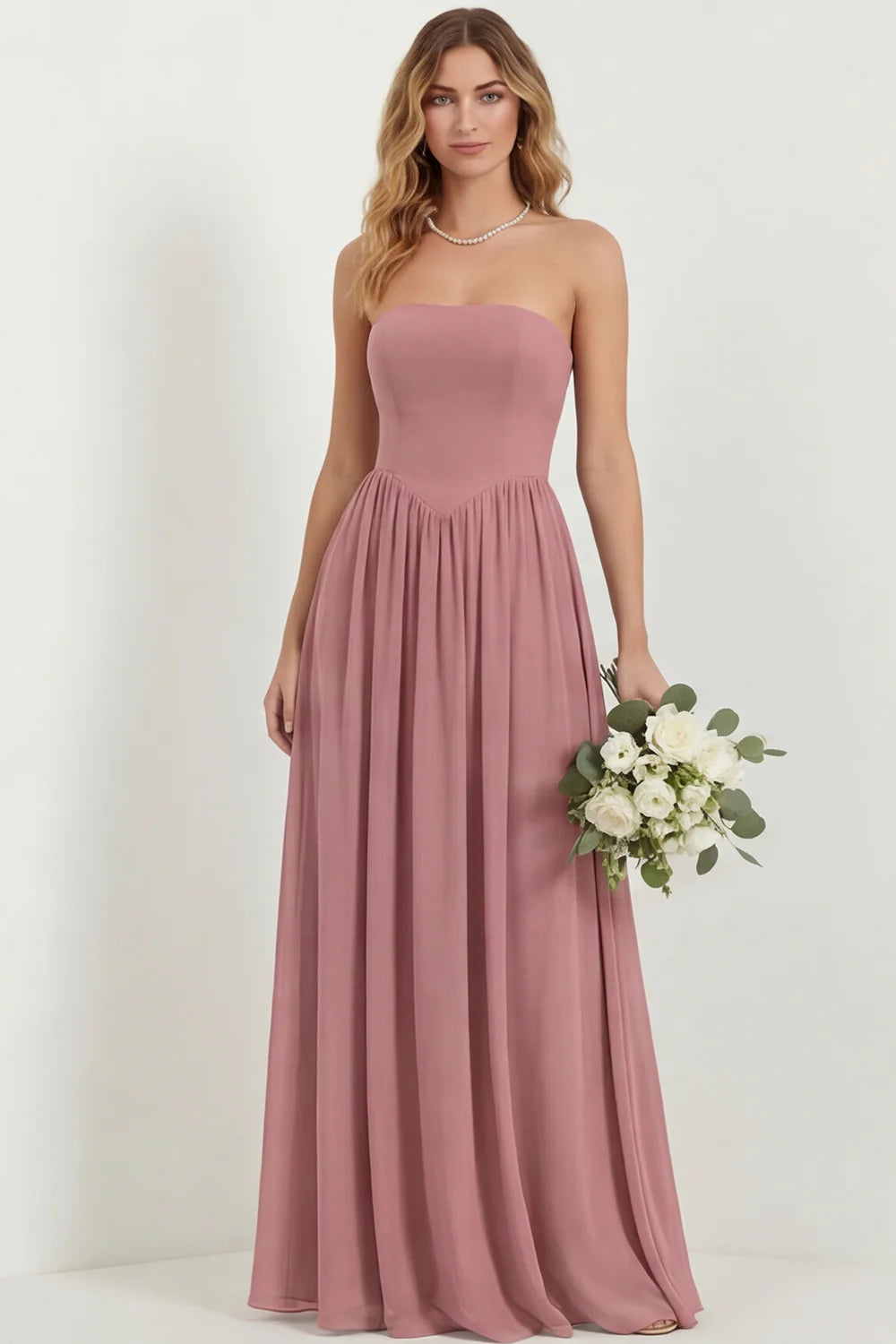Strapless Eucalyptus Chiffon A Line Long Bridesmaid Dress with Pockets